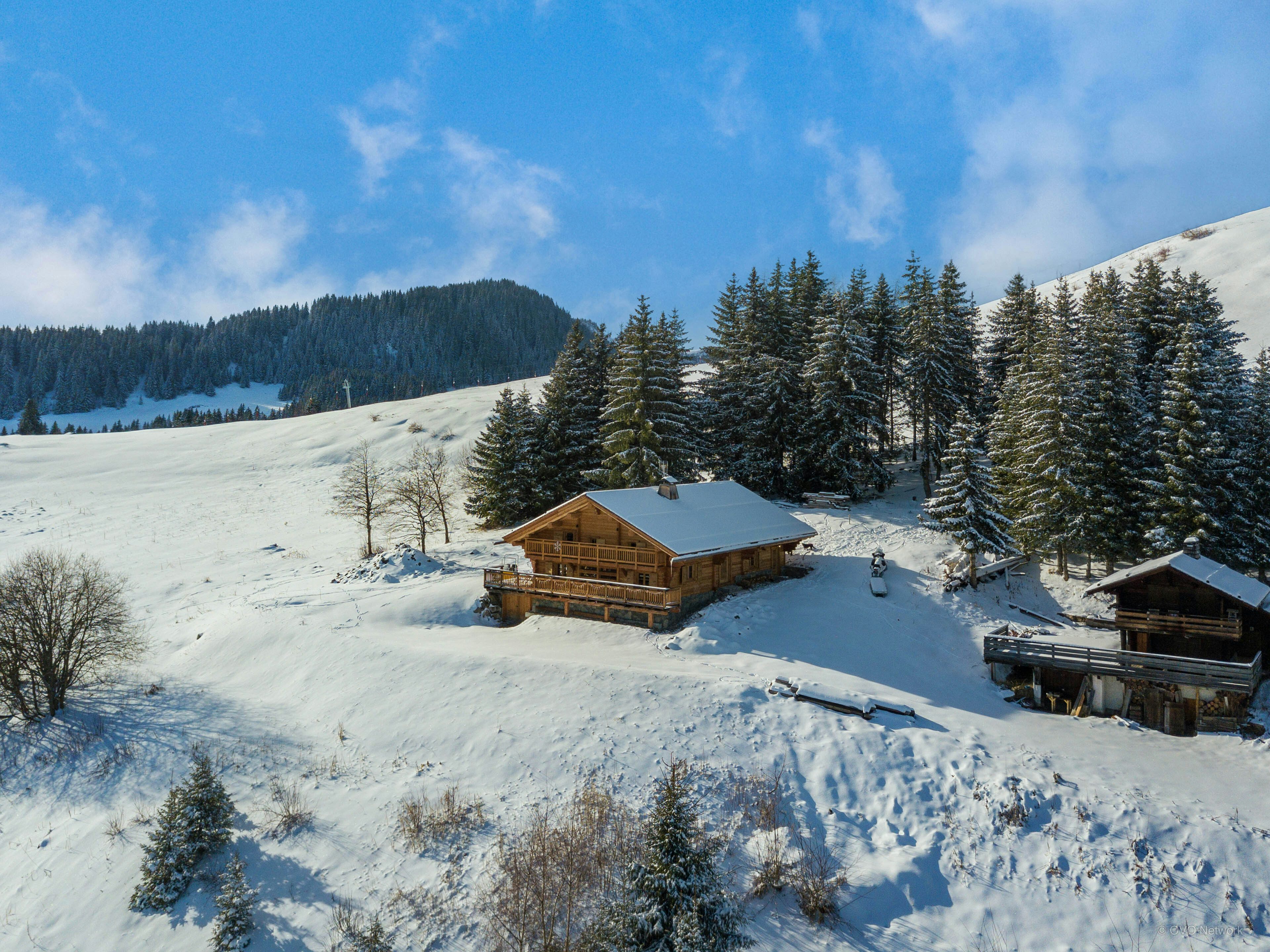 An aerial photo of Chalet Sisar and the mazot in the Aravis mountains near La Clusaz